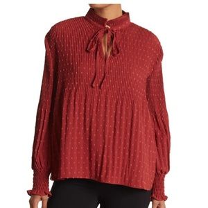 NWT Max Studio Tie Neck Long Sleeve Swiss Dot Pleated Blouse 2X